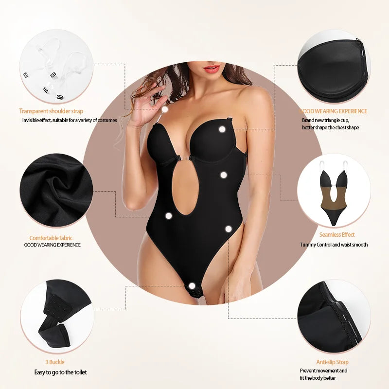 Thong Bodysuits Lingerie Backless Deep V Neck Shaper Invisible U Plunge Corset With Bras Shapewear