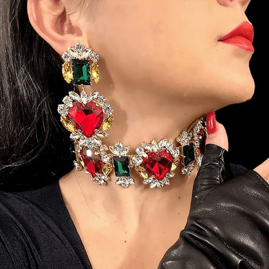 Multicolor Heart Necklace and Earring Set Charm Rhinestone Statement Jewelry Set