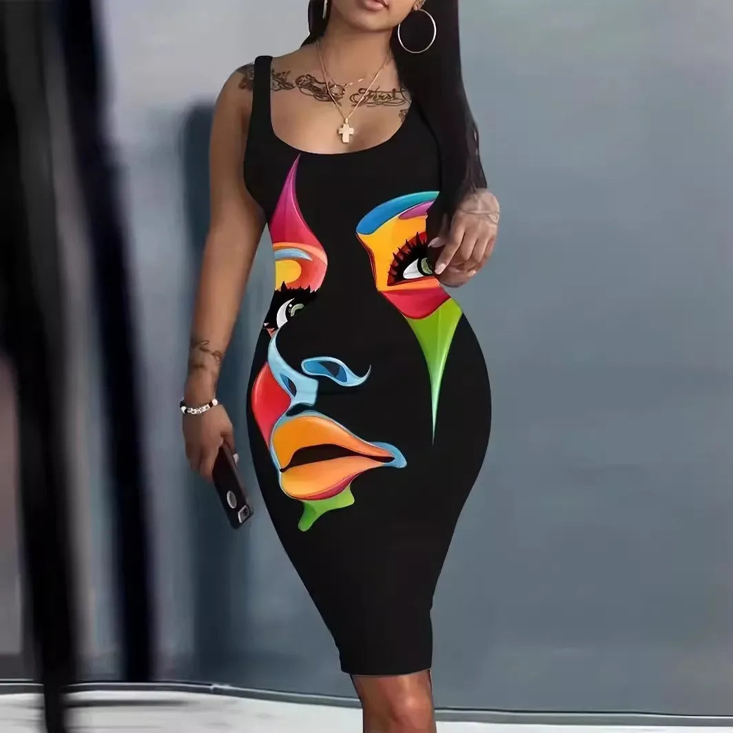 Contrast Heart Print U-Neck Sleeveless Casual Bodycon  Mini Dress