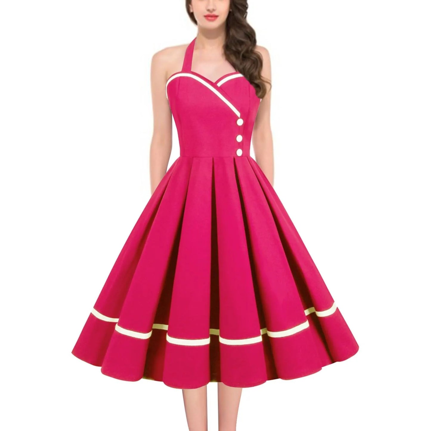 Halter Backless Pleated Big Swing Dresses Women Summer Retro 50s 60s Rockabilly Party Vintage Dress Pinup Elegant Evening Dress