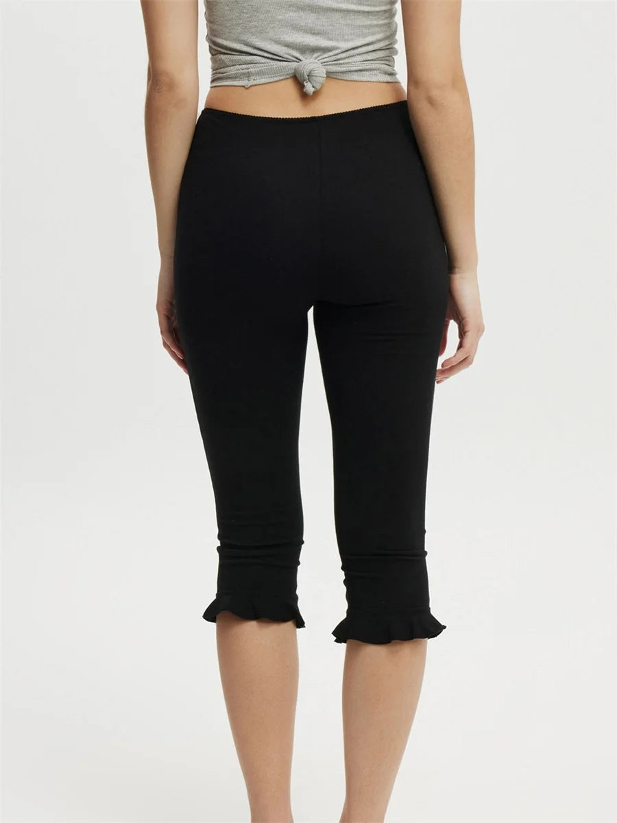 Women s Mid Waist Leggings with Solid Color Elastic Waist and Ruffled hem Casual Fashion Comfortable