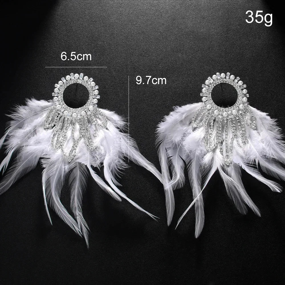 Boho Exaggerated Feather Earrings  Piercing Jewelry Fashion Geometric Rhinestone Dangle Earrings