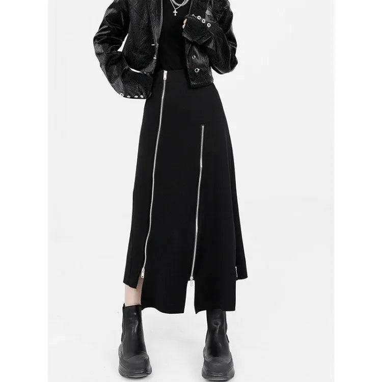 Long  High Waist A-line Zipper Split Irregular  Streetwear