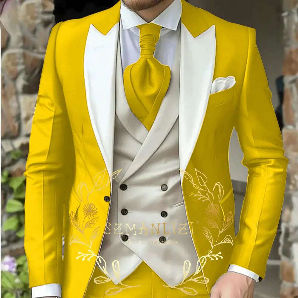Classic Men's Suit 3 Piece Tuxedo Peaked Lapel Groomsmen Wedding Suits Set Fashion Men Business Blazer Pants Vest