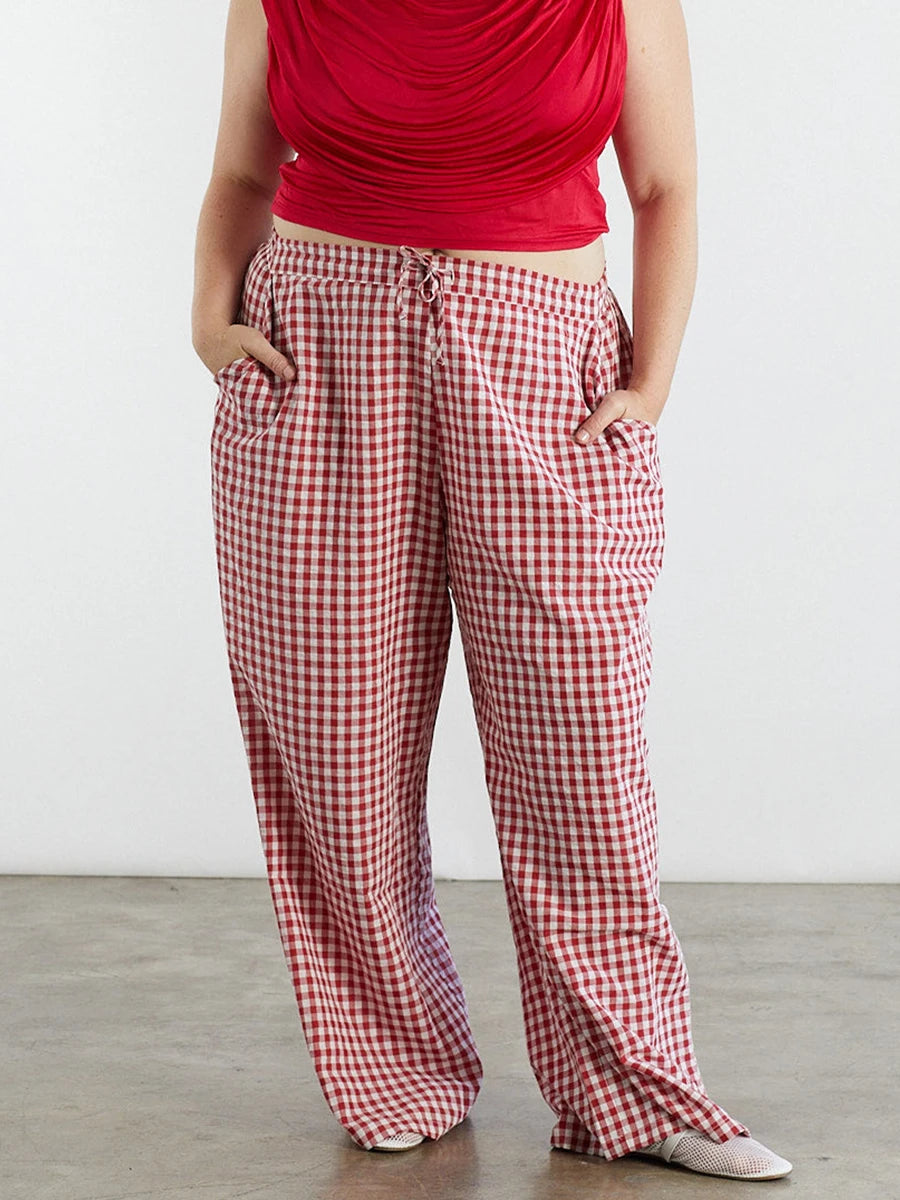 Women s Casual High Waist Wide Leg Palazzo Pants with Elastic Waistband and Checkered Print Design for Spring Summer Fashion