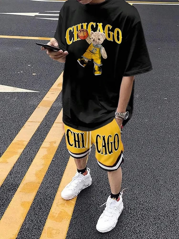 Cartoon Bear 3D Printed Men's Round Neck Short Sleeve 2-piece Set Urban Street Trendy Men's Top Outdoor Men's Drawstring Shorts