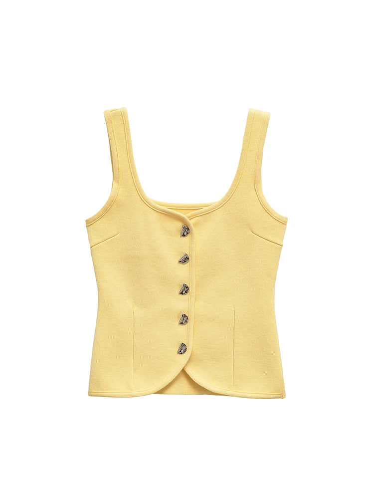 Women's Fashion With Metal Buttons Knit Vest Sweater O-Neck Wide Straps Waistcoat Chic Tops