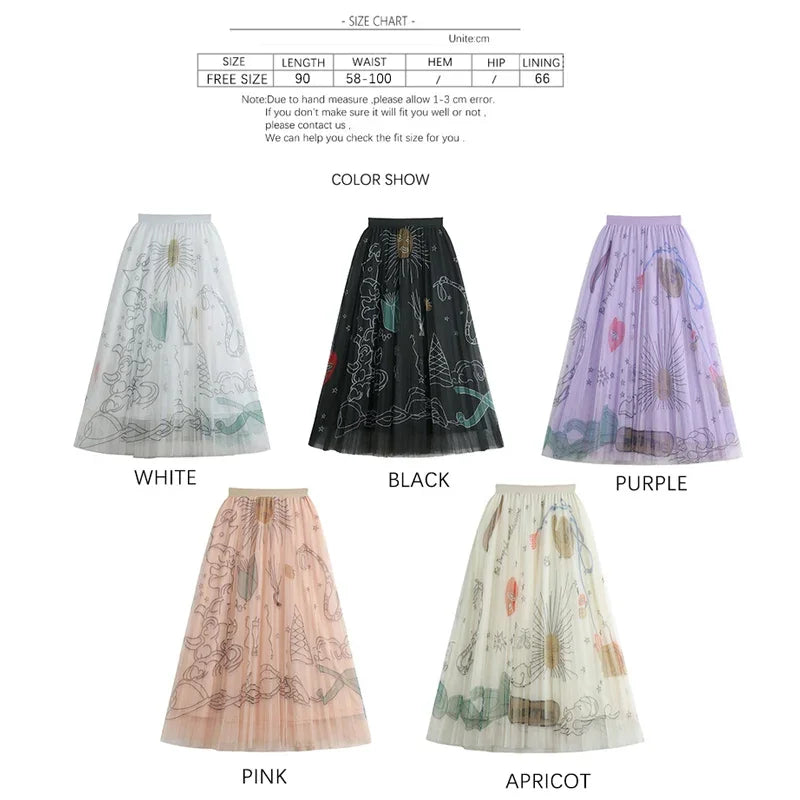 Casual Graffiti Print Pleated Midi Skirt