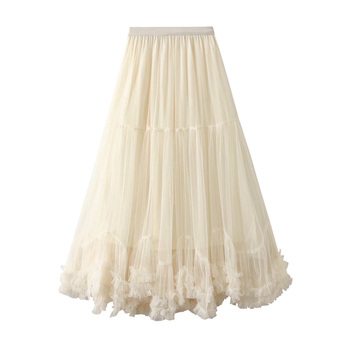 Women’s Tulle Long Skirts Elastic High Waist Ruffle Hem Fluffy A-line Midi Skirts