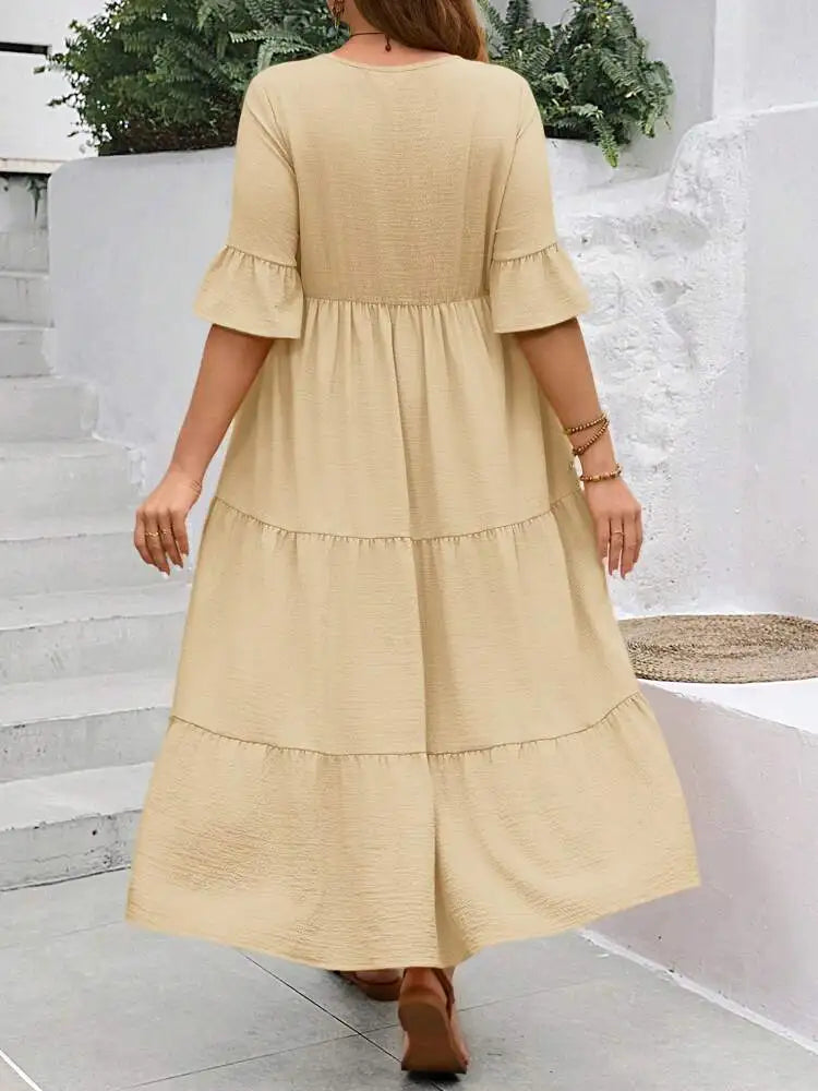Spring and Summer  Large V-neck Splicing Multi color Multi plus size Long Style Large Swing Dress