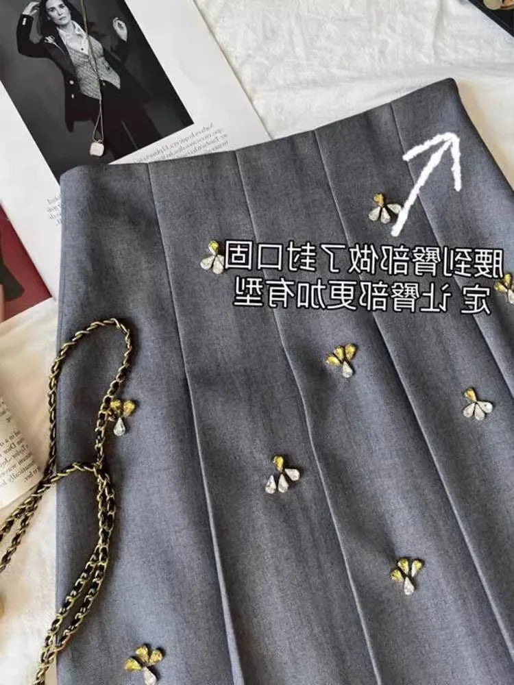 Embroidery Beading Gray  Ruched Skirt High Waist