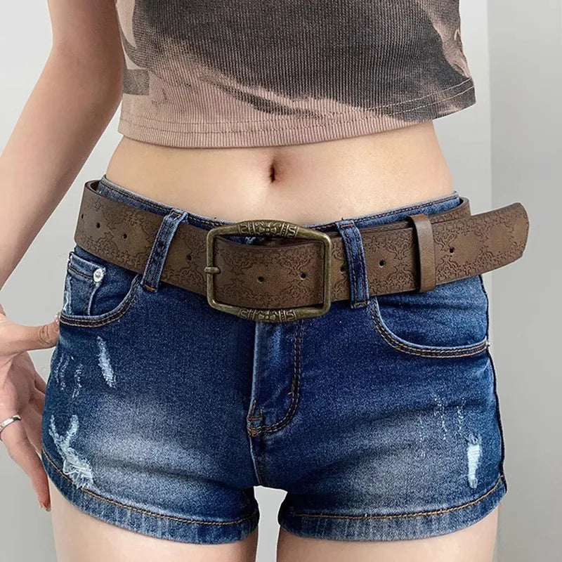 1pc Brown Floral Embossed Belt, Vintage American Style, Casual Ethnic Artisan Leather Belts