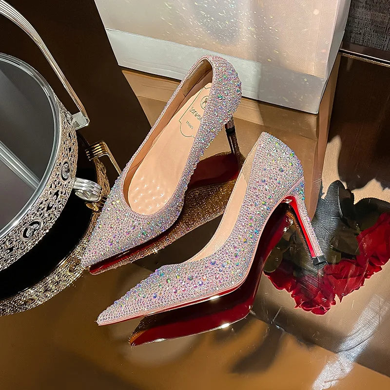 Pumps Slender Fashion Dress Sexy Heel High Heels Pointed Black Rhinestone