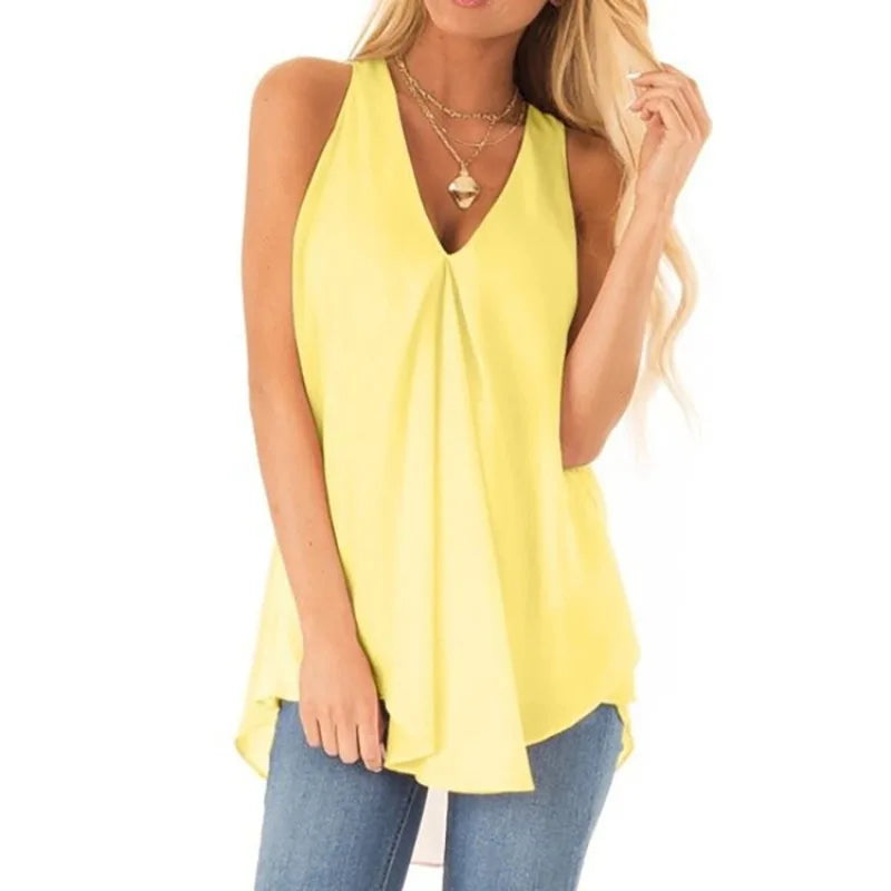 White Chiffon Blouse Ruffle Sleeveless Pullover