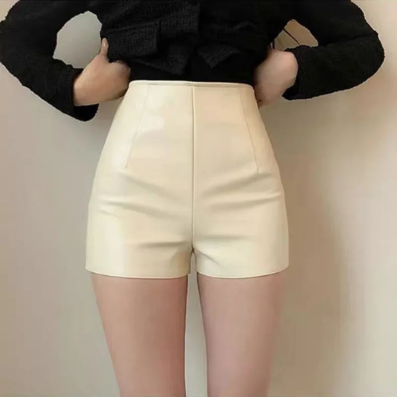 High Waist  Leather Shorts with Zipper Fly