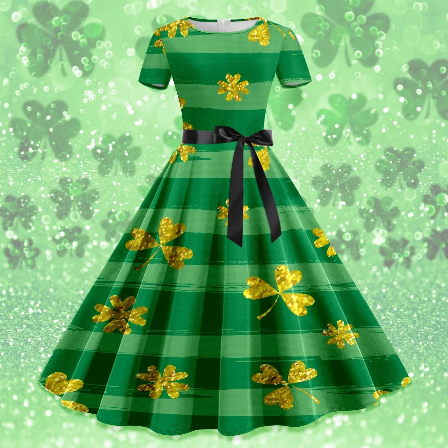 Shamrock Print Women St. Patrick's Day Dress Large Swing Short Sleeve A Line  Dress
