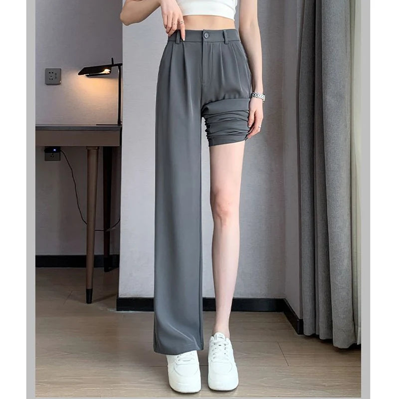 Women Full Length Pants Baggy High Waist Wide Leg Solid Color Trousers Lady Straight Leg  Classic Office  Slacks