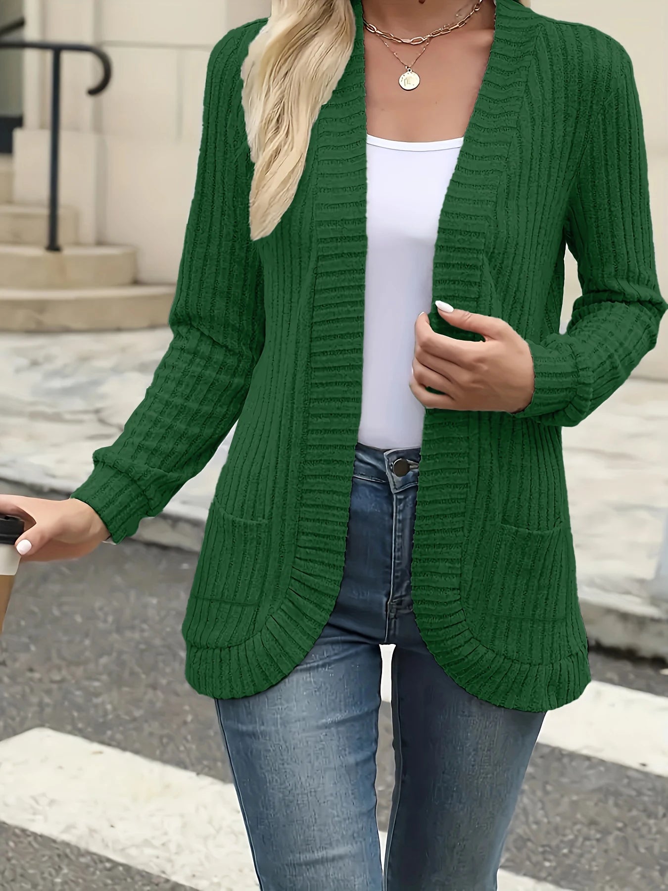 fashion women's solid color casual pit stripe brushed cardigan jacket
