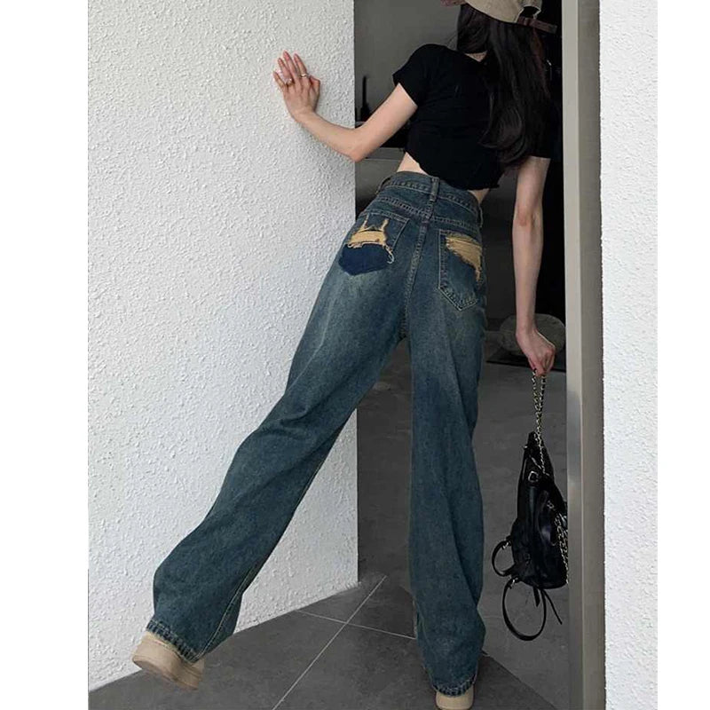 Wide Leg Jeans For Women High Waisted Contrasting Straight Leg Pant Autumn Loose Pants Streetwear