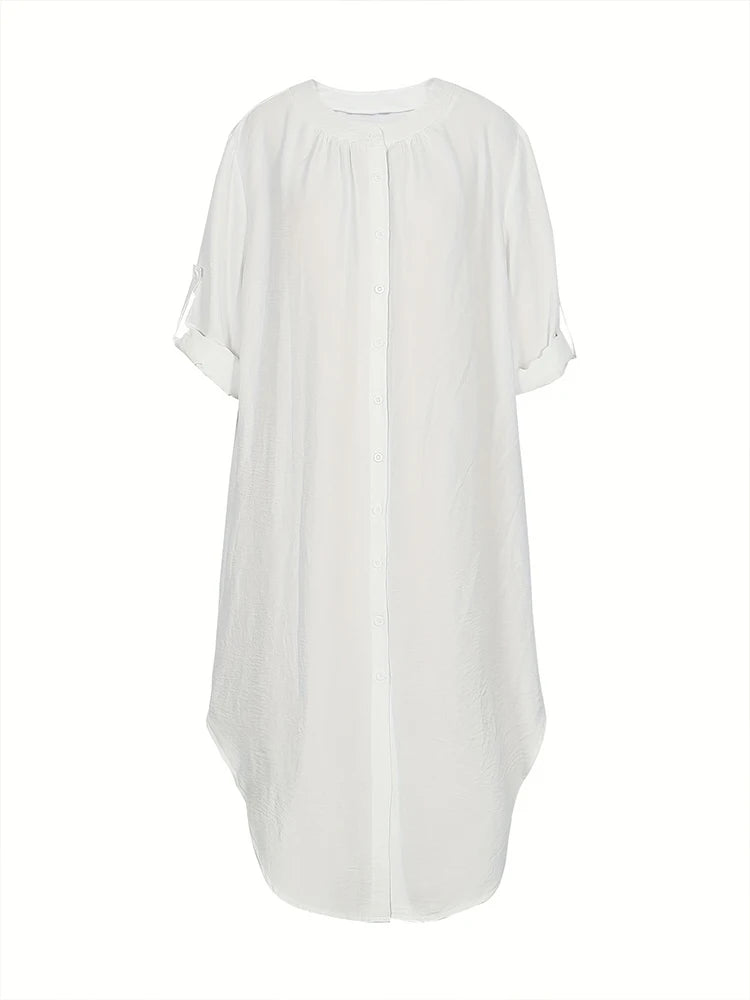 Plus Size Women's Single Row Buttons Dress Solid Color Casual Loose Long Dress Polyester Material