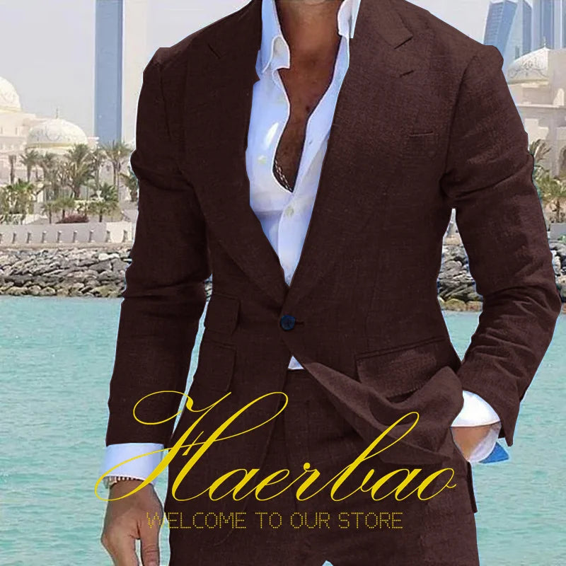 Summer Men's Linen Suit Set of 2 Wedding Groom Tuxedo Formal Lapel Jacket Pants Fashion Tailored Blazer for Men