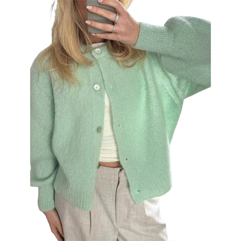 Sweaters Women Solid Color Round Neck Single Breasted Long Sleeve Cardigan Tops Warm Knitwear Streetwear