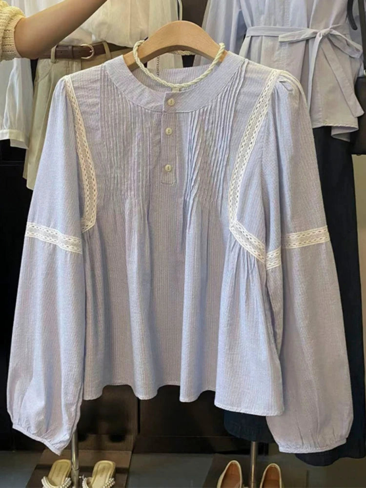 Striped Puff Sleeve Pleated Patchwork Spring Autumn Shirts Casual