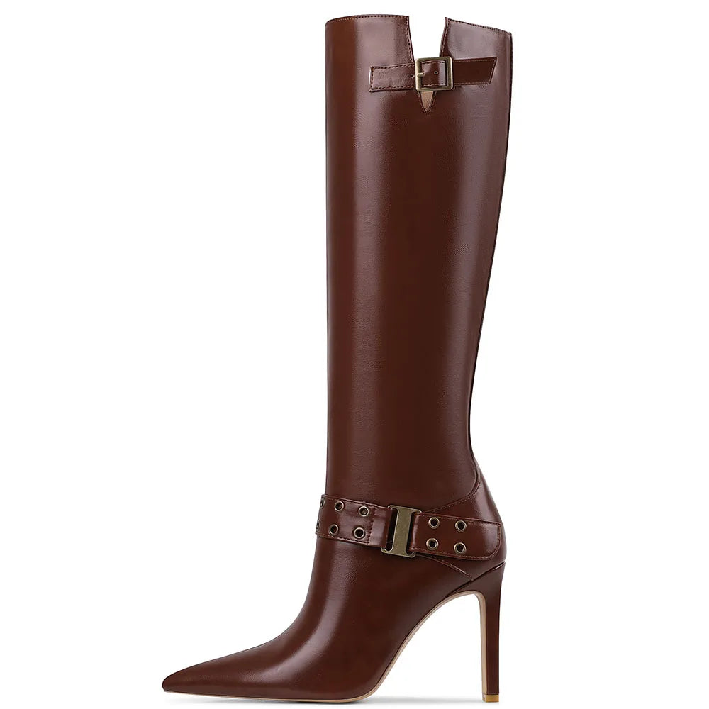 Sexy  Knee High Boots Buckle Rivet Design Pointed Toe Thin Heel Shoes