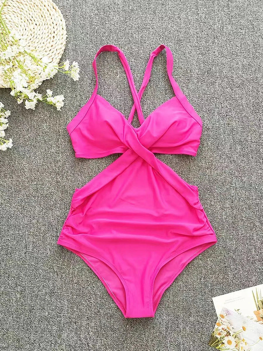 Solid Printed Swimwear Women Halter One Piece Swimsuit Female Swimming Monokini Suit Padded Beachwear