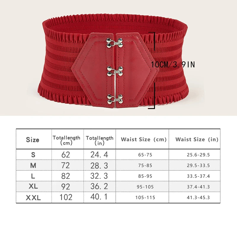 Vibrant Triple Buckle Elastic Waistband Ruffles Wide Belt - Elegant Decorative with Adjustable Strap