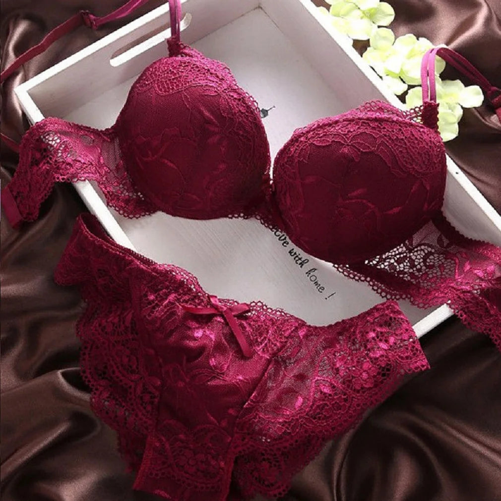 Lace Lingerie Set with Floral Embroidery and Matching Panties Sexy Push-Up Bra and Underwear Intimates