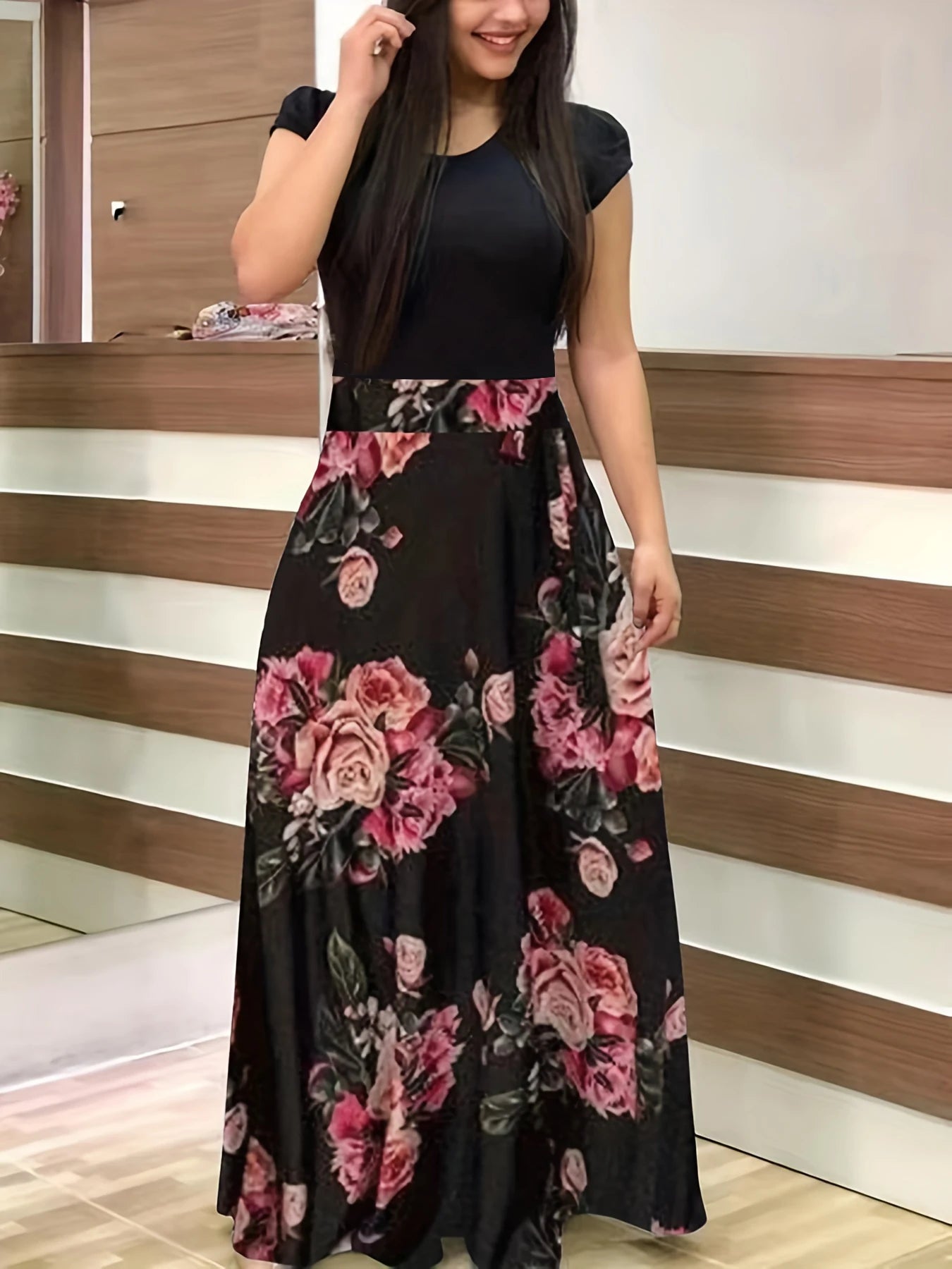 Floral Print Seam Dress Round Neck Short-sleeved