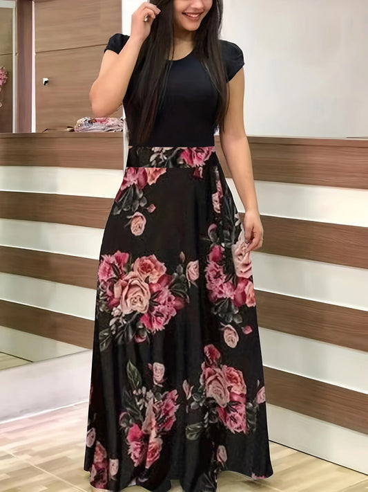 Floral Print Seam Dress Round Neck Short-sleeved