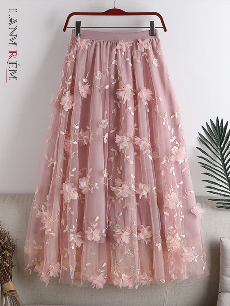 Embroidered Floral Spliced Mesh  High Waist A-line Skirt