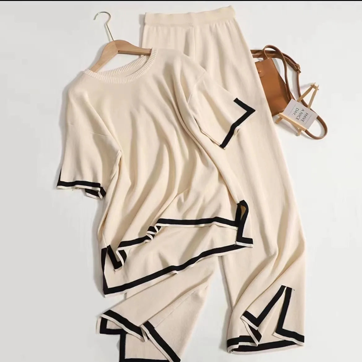 Elegant O-neck Side Slit Pullover Long Sleeve Sweater + Wide Leg Pants 2 Piece Sets Women's  Solid Color Casual Pantsuit