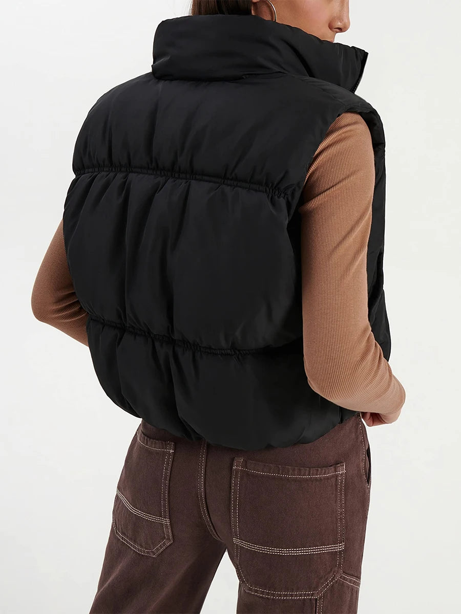 Quilted Waistcoat Solid Color Lightweight Zip Stand Collar Winter Vest Sleeveless Jacket