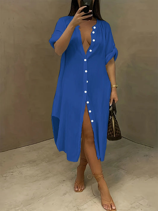Plus Size Women's Single Row Buttons Dress Solid Color Casual Loose Long Dress Polyester Material
