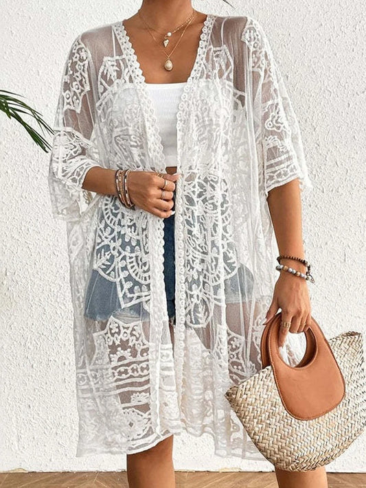Women s Floral Lace Kimono Cardigan with 3 4 Sleeves and Open Front Sheer Mesh  Bikini Cover-Up