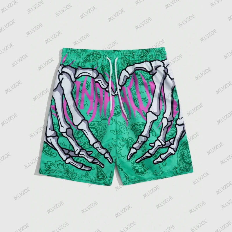 Summer Trend Skeleton Hand Graphic Beach Shorts For Men Fashion Cool 3D Printed Short Pants Loose Surfing Hip Hop Swim Trunks