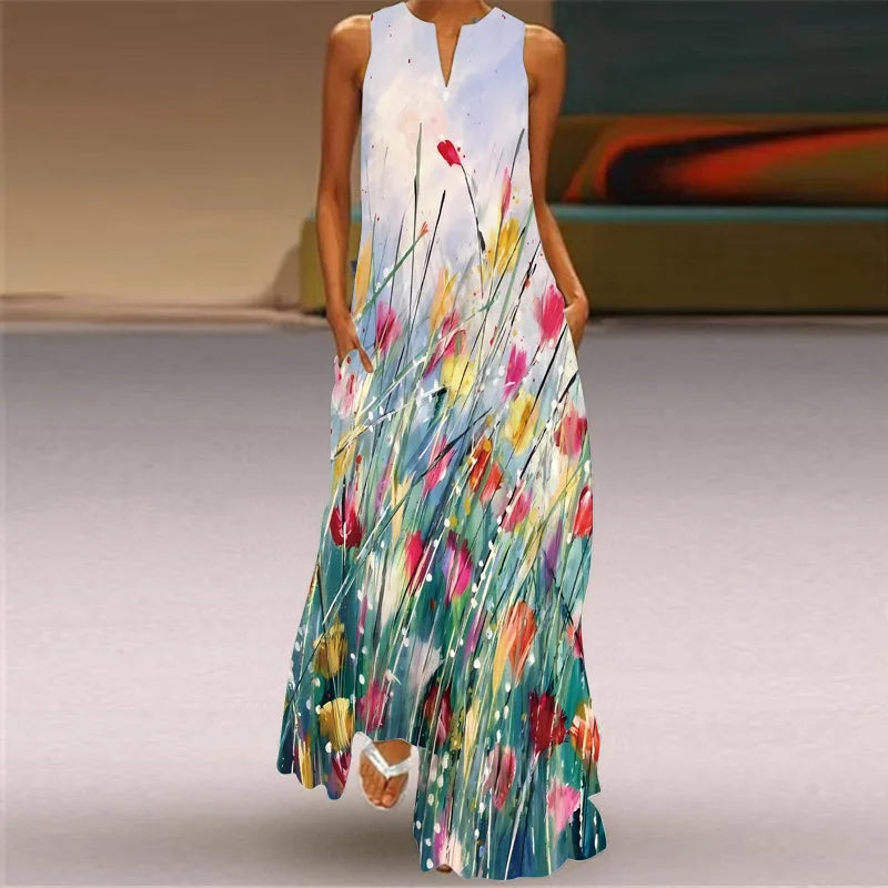 Vintage Print Maxi Dress For Women Summer Loose Sleeveless Long Dresses Elegant Lady V Neck Pocket Boho Beach Sundress Vestidos