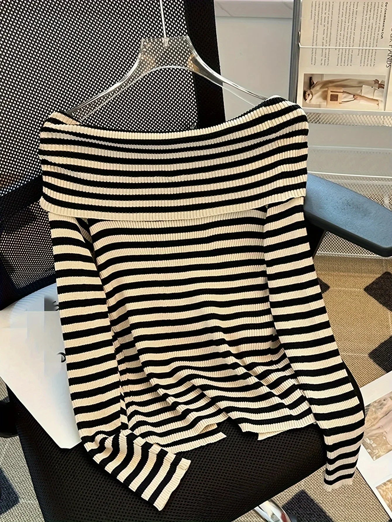 Striped Off Shoulder Knitted Top Casual Ruched Long Sleeve Split Sweater For Spring & Fall, Women's Clothing