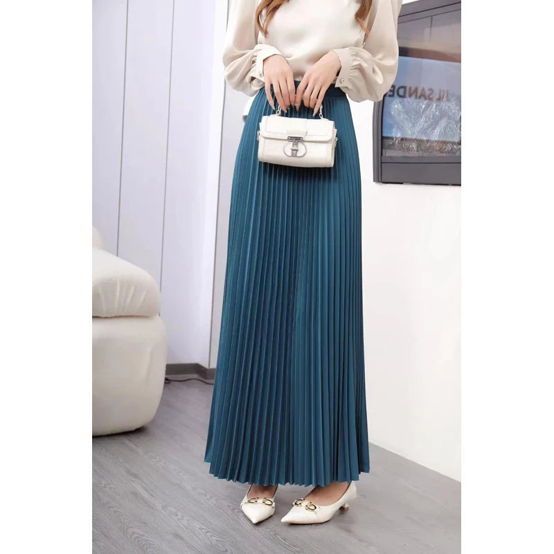 Casual Office  Pleated Skirt  Hight Waist Solid Long Skirt