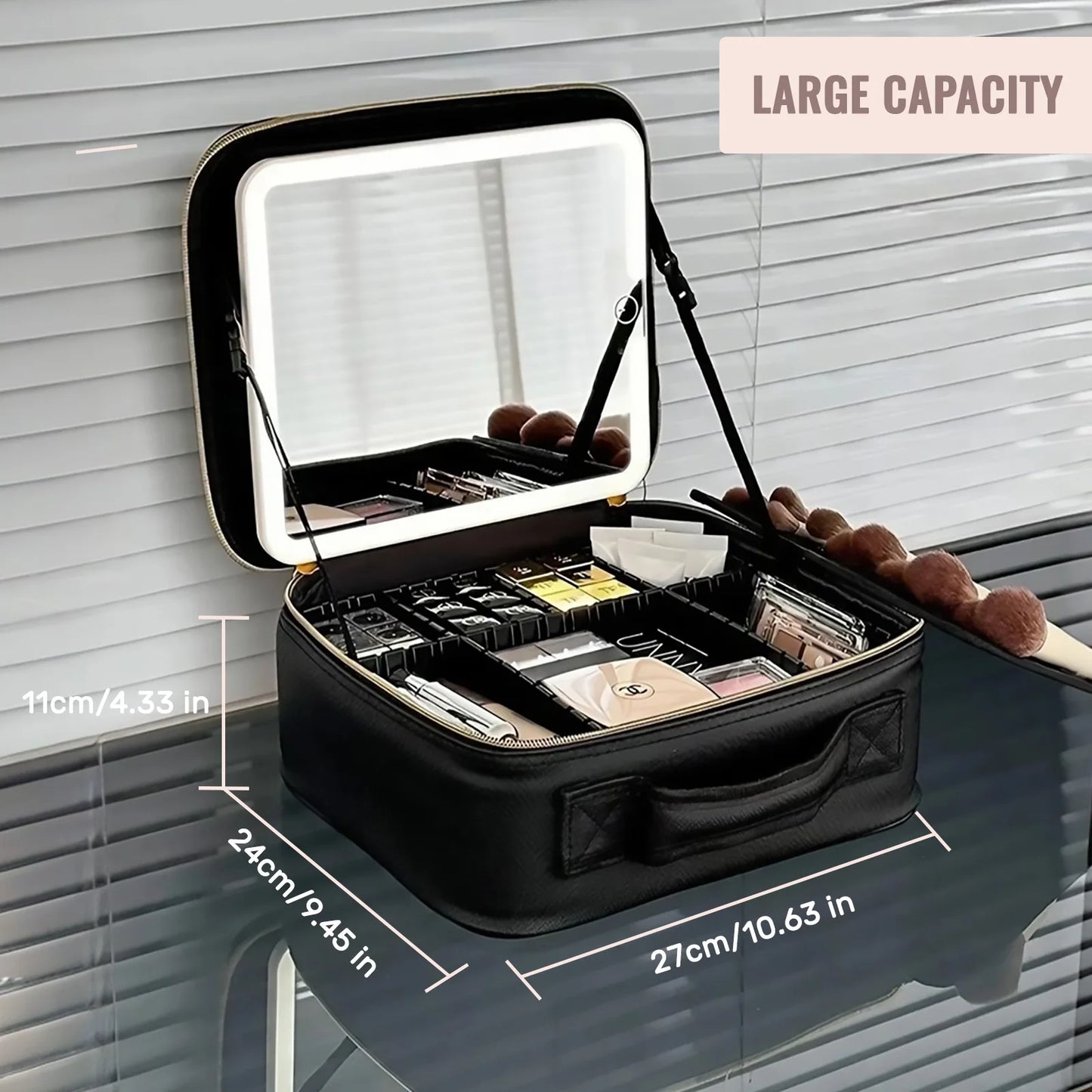 Travel Makeup Bag With LED Lighted Mirror, Makeup Case With Adjustable Dividers