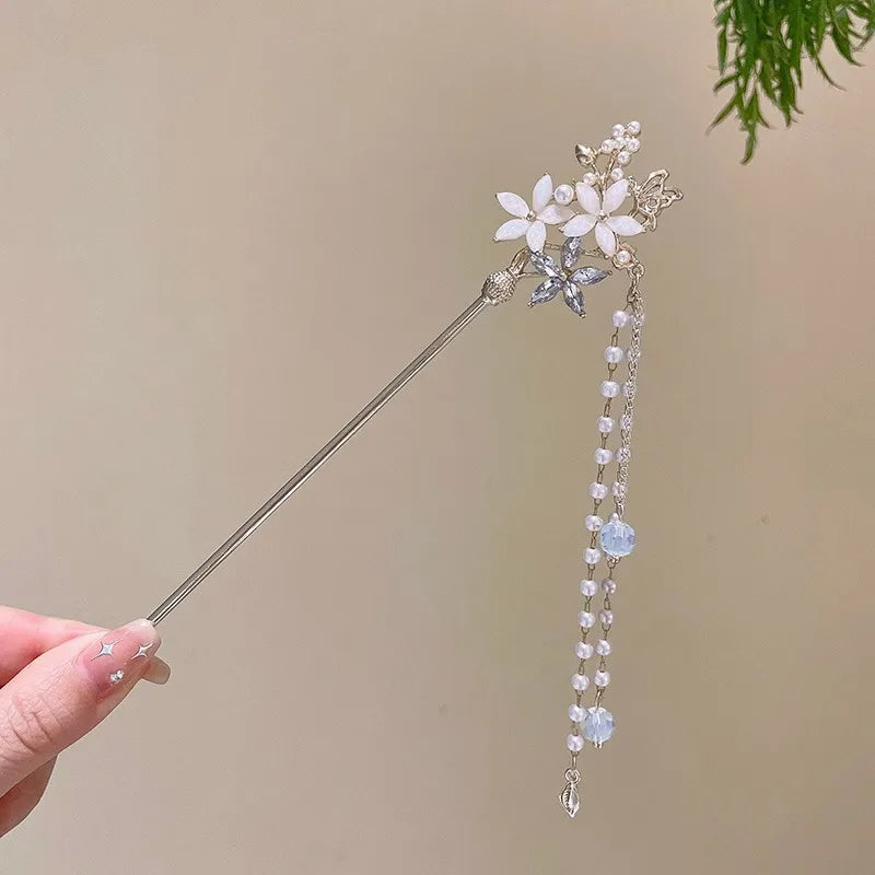 Elegant Chinese Style Hair Accessory Romantic Enameled Flower Tassel Hair Pin Alloy Jewelry Hairpin For Women Fashion Hairpin