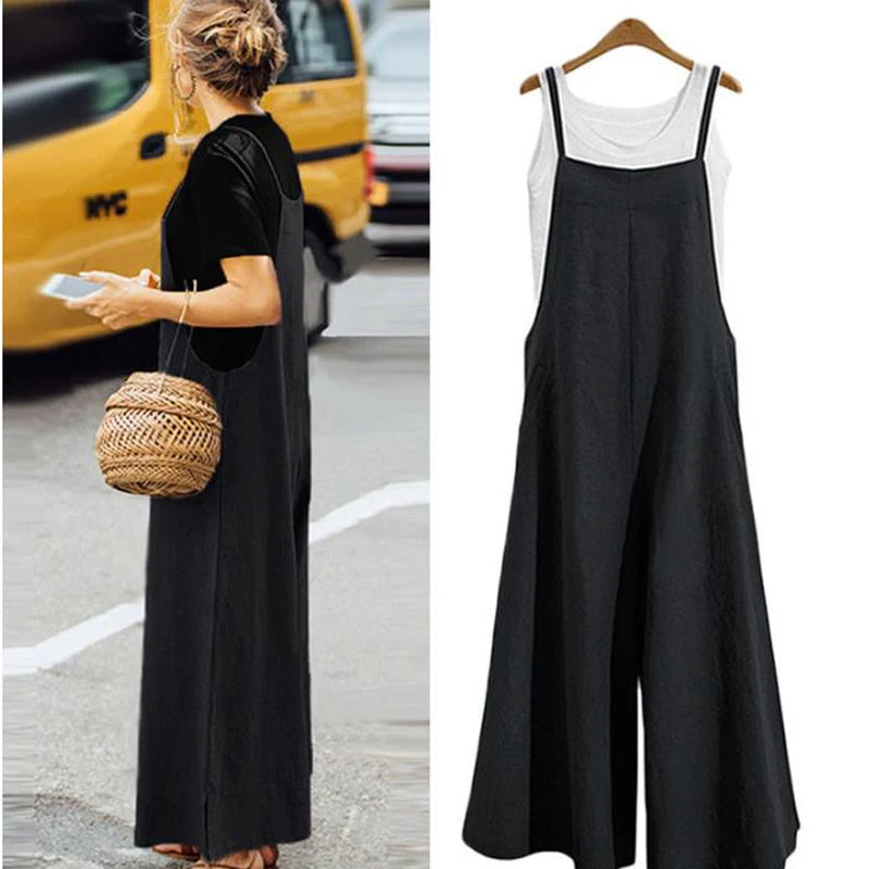 Women's Straps Jumpsuit Summer Solid Color Wide Leg Pants Dungaree Bib Overalls Casual Loose Sleeveless Cotton Linen Jumpsuits