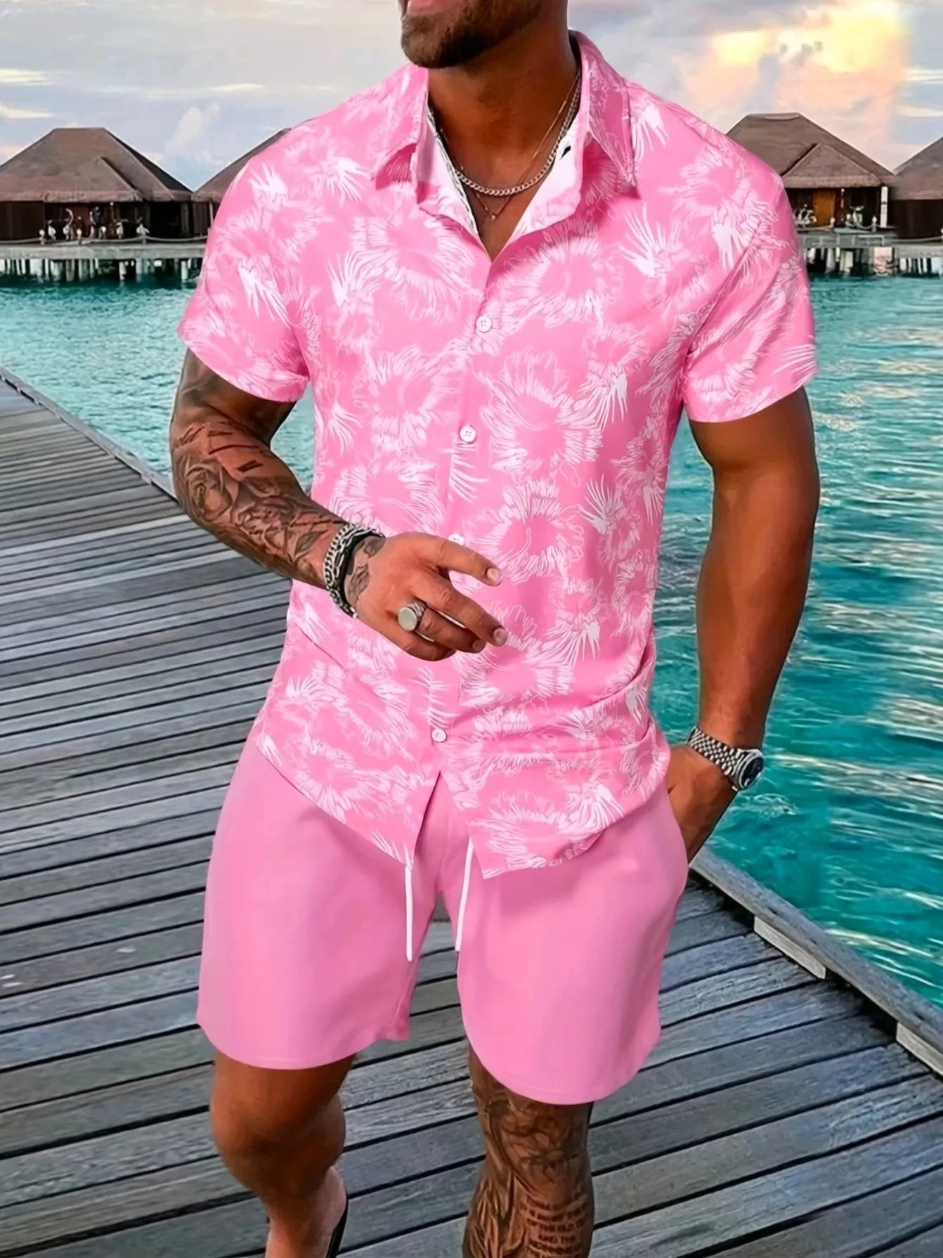 Men Sets Print Patchwork Lapel Short Sleeve Casual Shirt Beach Shorts Summer Streetwear Vacation Hawaiian Suits Men S-5XL
