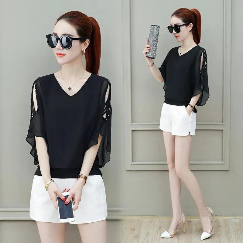 V-neck Short Sleeve Chiffon Shirt