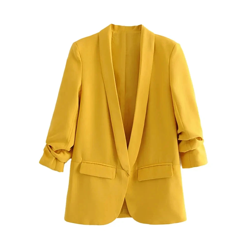 Fashion Office Wear Open Blazer  Vintage Long Pleated Sleeves Flap Pockets Female Outerwear Chic Tops