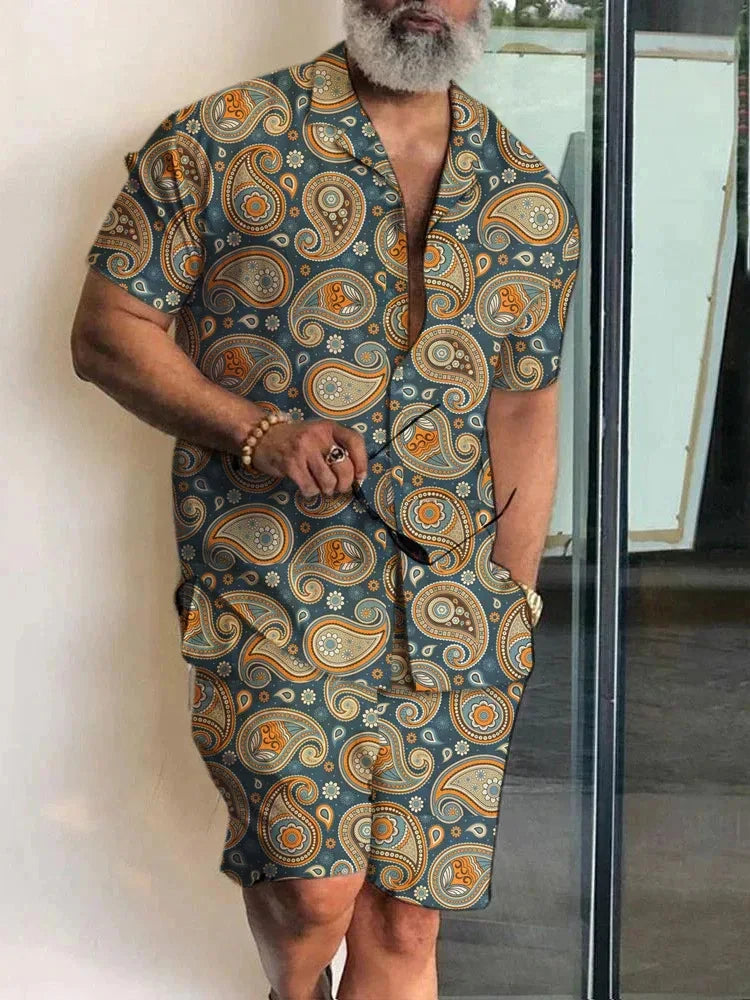 Summer Men's Temperament Shirt Set Men's Hawaii Vacation Short Sleeve Top Drawstring Shorts 2 Pcs Boutique