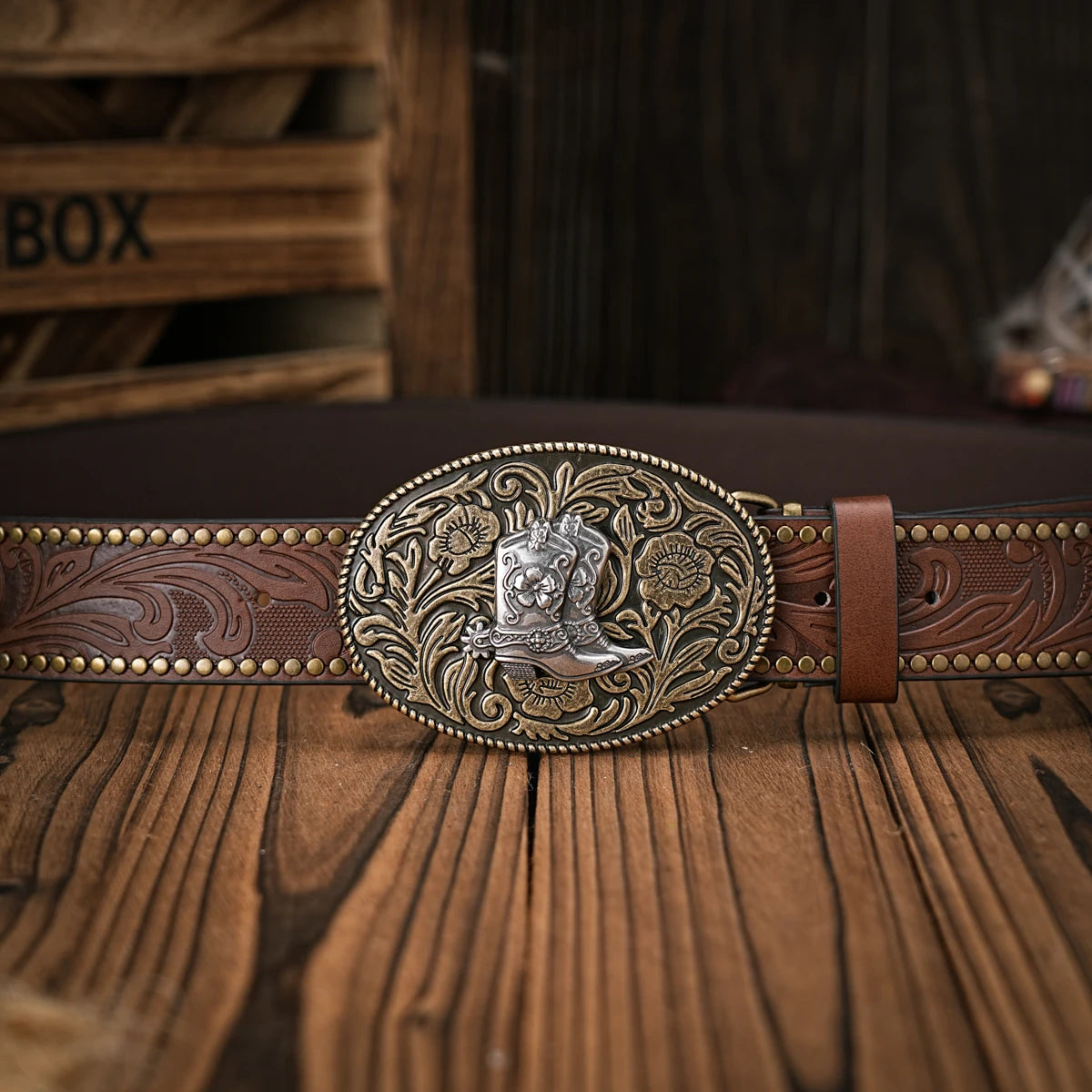 Men - Women - Western Denim - pu leather - Belt - Vintage jeans with floral carved boots buckle belt